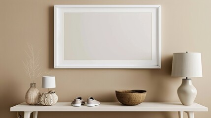 A white rectangular frame displayed above a hallway bench, with a decorative bowl, shoes, and a small lamp.  HD 8K mockup wallpaper Photographic Image