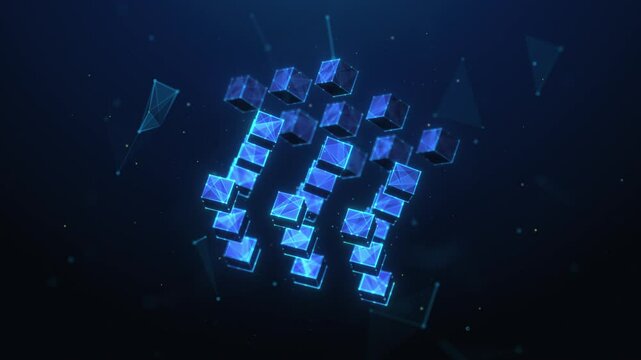 Lowpoly Animation of Blockchain Cubes Spinning and Assembling in Center. Blockchain technology and cryptocurrency fintech solution animated looped concept by wireframe mesh on blue background