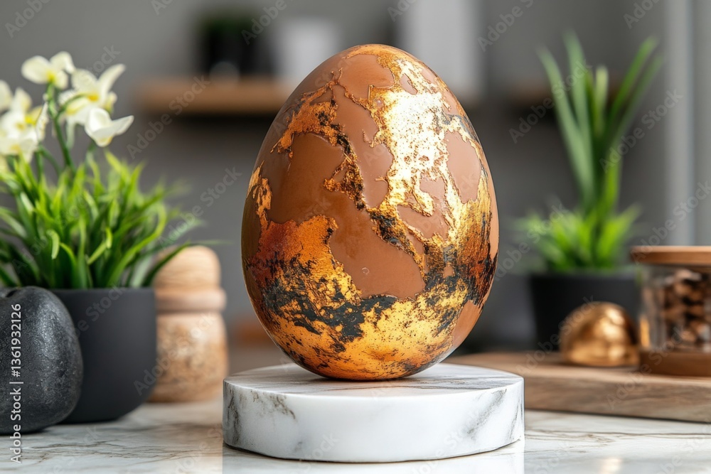 Poster decorative egg displayed on a marble stand with greenery and wooden elements in a modern interior se