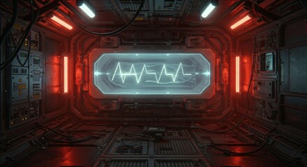 Futuristic cryogenic capsule with life sign monitor in sci-fi corridor. Cryonics and hibernation concept for space travel. Red-lit high-tech preservation chamber.