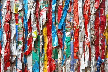 A vibrant collage of crumpled, colorful paper strips creates a textured, eye-catching wall display, showcasing layers of recycled materials.