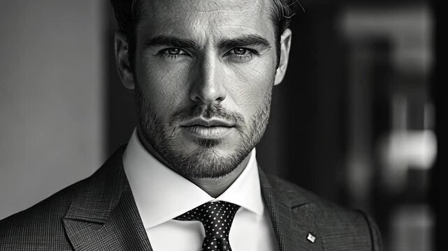 Portrait of a confident businessman in a suit, exuding professionalism and charisma in a modern office setting