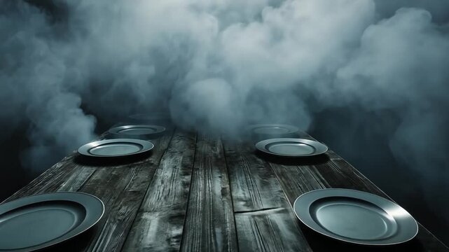 Empty wooden dining table surrounded by mist and clouds, creating a mysterious atmosphere for an eerie or suspenseful setting