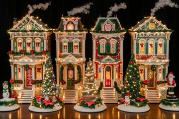 A festive display of beautifully decorated miniature houses, adorned with lights, trees, and holiday figures, creating a charming Christmas scene.