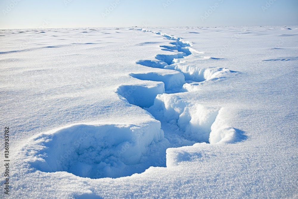 Poster cracks in a vast frozen landscape during a clear winter day in a remote arctic region revealing shif