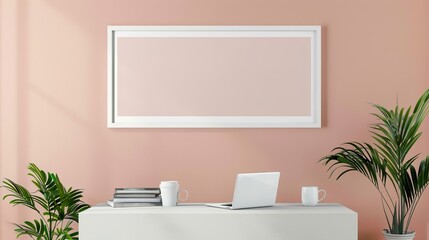 A white rectangular frame displayed above a living room coffee table with a laptop, cup, and a stack of books. HD 8K mockup wallpaper Photographic Image