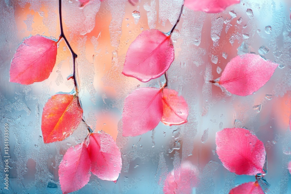 Poster pink leaves on a rainy window create a serene atmosphere in a blurred urban setting