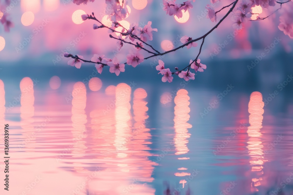 Aufkleber soft cherry blossoms reflect in tranquil water during sunset creating a serene atmosphere with gentl