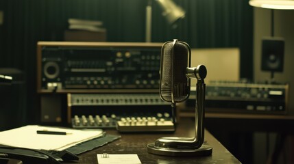 Fototapeta premium Vintage microphone on a desk in a dimly lit recording studio, surrounded by vintage audio equipment. Papers and a pen are also visible