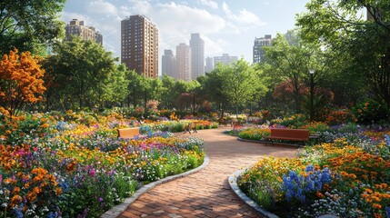 Vibrant city park with blooming flowers and winding path.