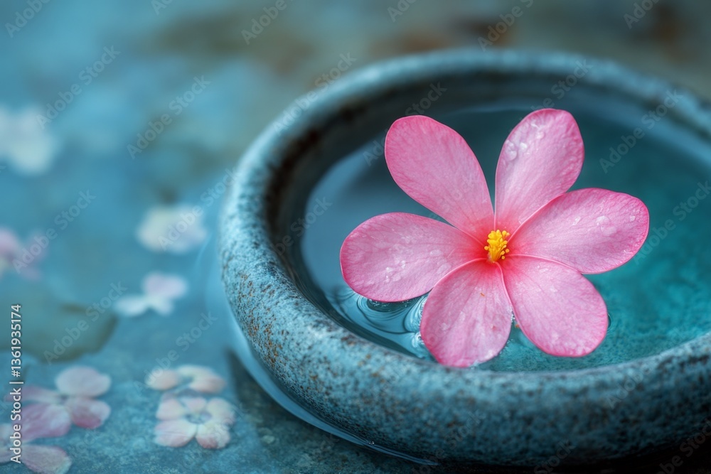 Poster Delicate pink flower floating in serene water bowl surrounded by scattered petals in tranquil setting