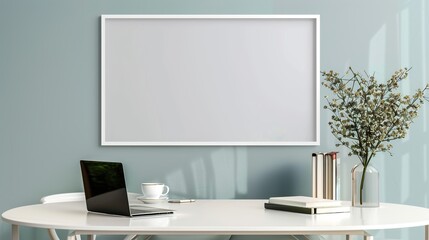 Obraz premium A white rectangular frame displayed above a small dining table with a cup of coffee, a laptop, and books. HD 8K mockup wallpaper Photographic Image