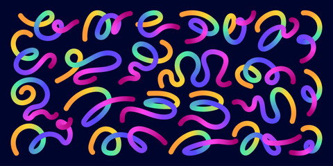Hand Drawn Abstract Wavy Lines and Scribble Futuristic Sketches with Vibrant Colors on a Black Background. Playful geometric fluid organic shapes isolated. Trendy colorful freehand line doodles.