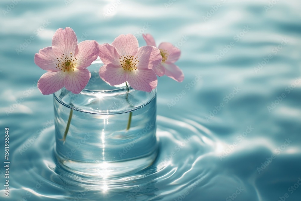Poster soft pink flowers floating in clear water create a serene and calming atmosphere during the afternoo