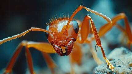 Fototapeta premium Close-up of a vibrant red ant on a rocky surface, showcasing intricate details and textures in its environment