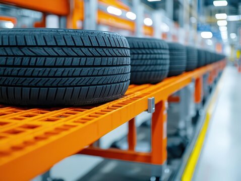 Factory process showcasing wheels being balanced and aligned on an automated line