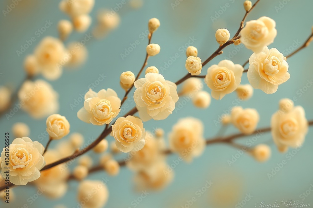 Poster delicate yellow flowers bloom on a branch against a soft blue background in springtime elegance
