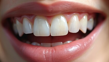 Fototapeta premium Close-up of human teeth features discolored tooth. Shows oral hygiene issues, dental health problems. Aesthetic imperfections, cosmetic dentistry concepts for dental care ads or clinic website.