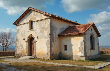 Fototapeta premium Picturesque Madonna dei Marchi church in Volta Mantovana, Mantua, Italy. Historical building with rustic facade, old tiled roof. Sight of pilgrimage destination. Travel photography.