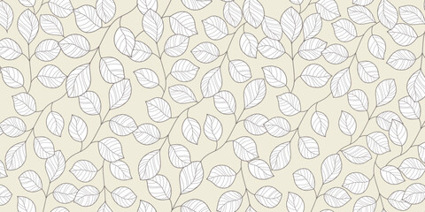 Delicate Leaf Branches Seamless Pattern in Line Art Style on Light Beige Background. Subtle foliage background with minimalist outlined leaves and organic shapes