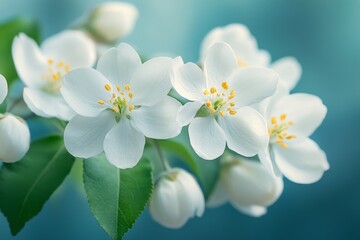 Delicate white flowers bloom on a branch against a soft blue background during springtime