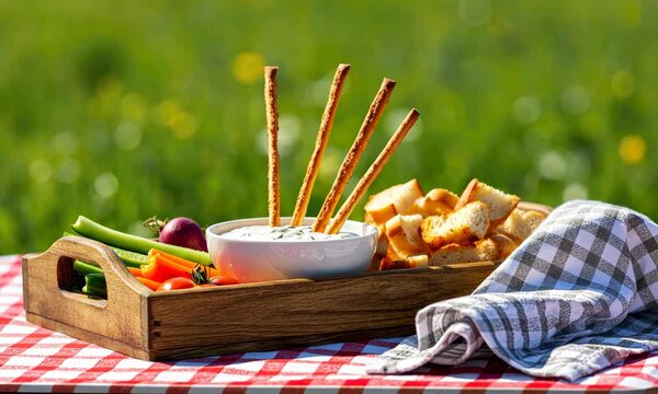 Picnic setup with vegetable platter and breadsticks on checkered cloth in scenic outdoor setting