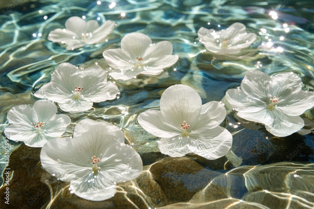 Poster white flowers floating gracefully on clear water in a serene natural setting during daylight hours