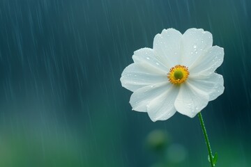 White flower stands tall in the rain, showcasing its delicate petals and vibrant center during a serene moment in nature
