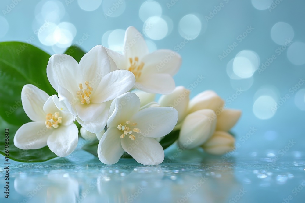 Poster fresh white flowers arranged gracefully with soft blue background and gentle bokeh lighting for a ca