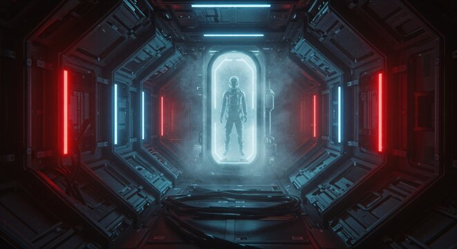 Futuristic cryocapsule with human silhouette in sci-fi corridor. Cryogenic preservation and cloning concept. Suspended animation technology for space travel and medical research