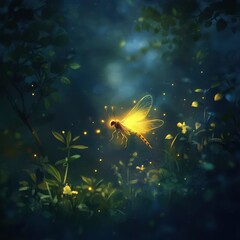 Enchanting Glowing Dragonfly in a Mystical Night Garden