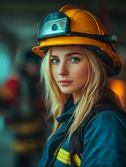 Woman Firefighter Focused Portrait