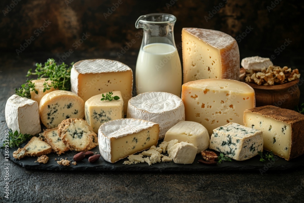 Poster Assorted cheeses and dairy products arranged creatively on a rustic table with herbs and nuts