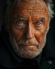 Fototapeta premium A melancholic, high-contrast portrait. A weathered old man with deep wrinkles sits in a dark studio; his eyes tell a thousand stories.