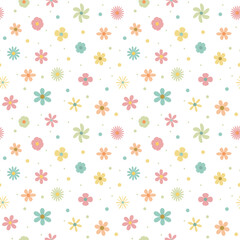 Abstract Seamless floral pattern with dots, simple colorful flowers hand drawn pattern, vintage groovy flowers. 60s, 70s, 80s 