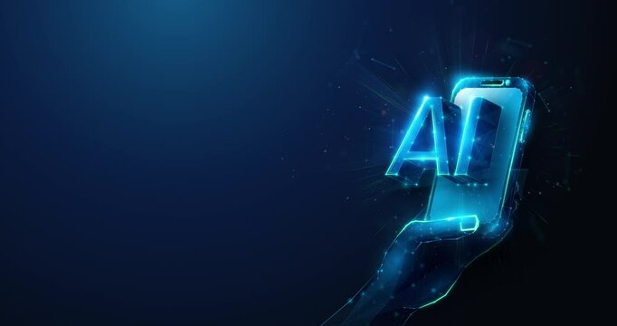 Animated Low Poly Artificial Intelligence Technology AI Smartphone. Abstract futuristic concept by wireframe mesh with copy space. Innovative digital tech looped motion graphic on blue background