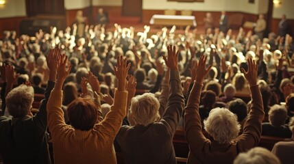 Obraz premium A church congregation raising hands in worship, expressing strong Christian faith