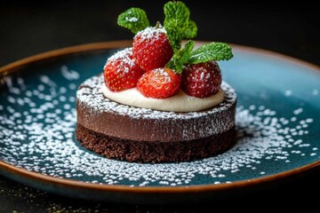 Delightful chocolate dessert with strawberries and mint garnished on a dark plate