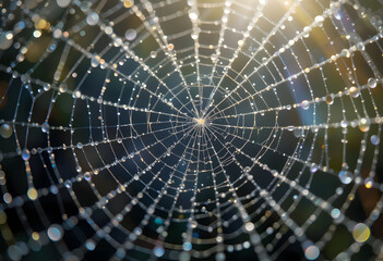 Fototapeta premium Raindrops on a Spiderweb with Sunlight Prism Effect