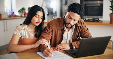 Insurance contract, signature and couple in home for financial application, mortgage and loan form. Document, man and woman sign agreement for policy premium, lease and help with planning on laptop