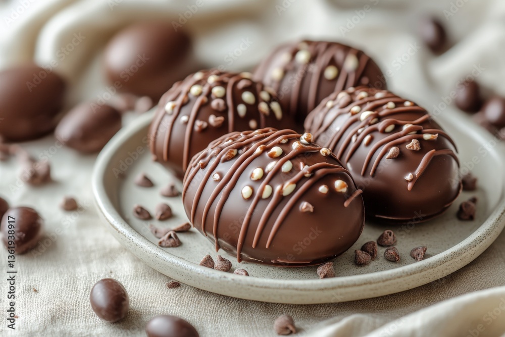 Poster homemade chocolate eggs with drizzle and sprinkles arranged on a plate surrounded by chocolate piece