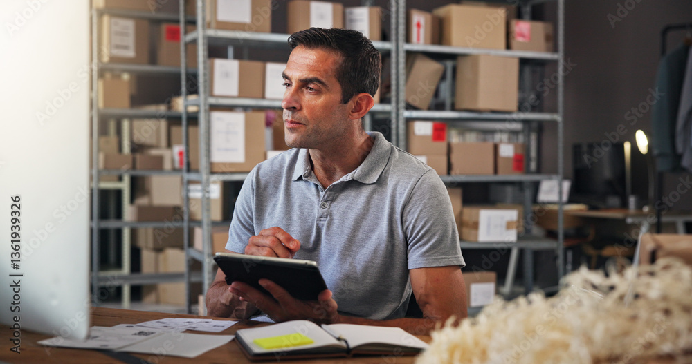 Aufkleber Logistics, tablet and thinking with man in distribution for communication or update at desk. Boxes, checklist and supply chain with employee in office for delivery, ecommerce or shipping schedule