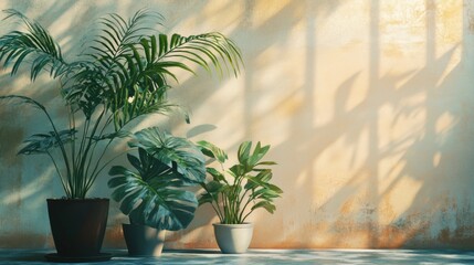 Fototapeta premium Indoor plant casting shadows on a sunlit wall with warm tones