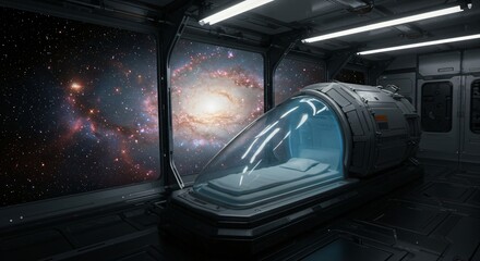Futuristic cryocapsule in space station with view of galaxy. Cryogenic sleep pod for interstellar travel. Science fiction concept of human hibernation and space exploration