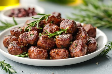 Savory homemade meatballs garnished with fresh rosemary on a white plate