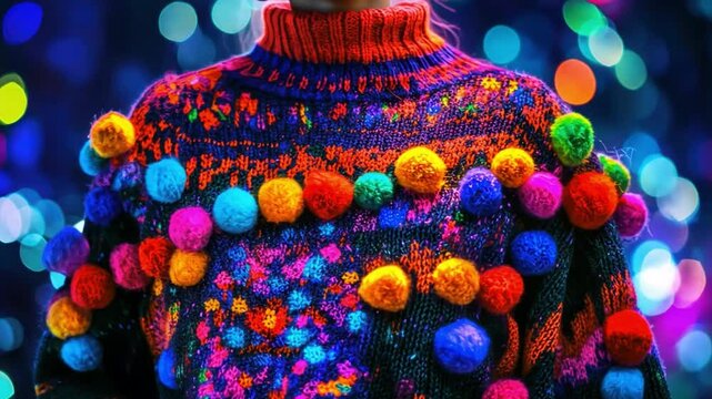 Colorful woman wearing vibrant knitted sweater with pom-poms, enjoying a lively atmosphere filled with bright bokeh lights in the background at night