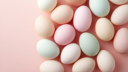 Colorful Easter eggs arranged on a soft pink background with ample copy space for text and design elements, perfect for holiday celebrations and Easter greeting cards concept