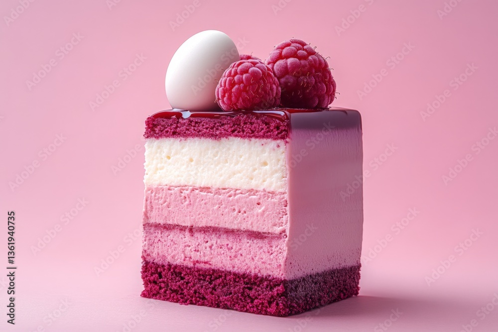 Poster delicious layered dessert with raspberry topping and chocolate egg on a pink background