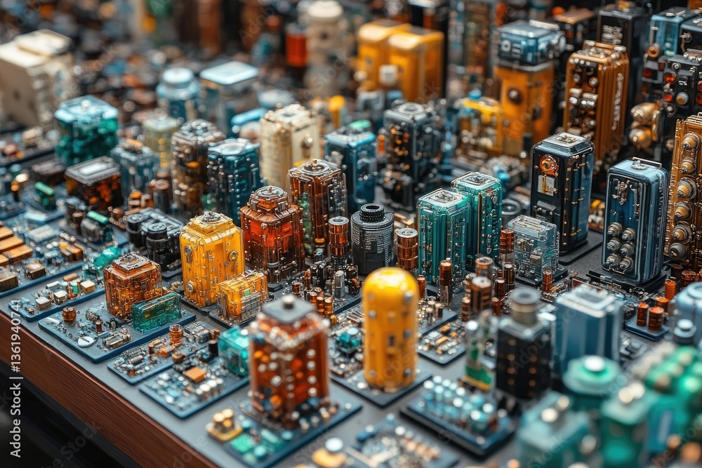 Poster a detailed array of complex electronic components and circuits