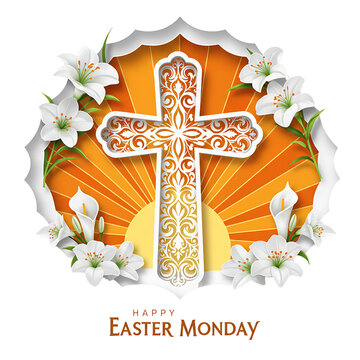 Happy easter monday cross lilies religious celebration christianity background art